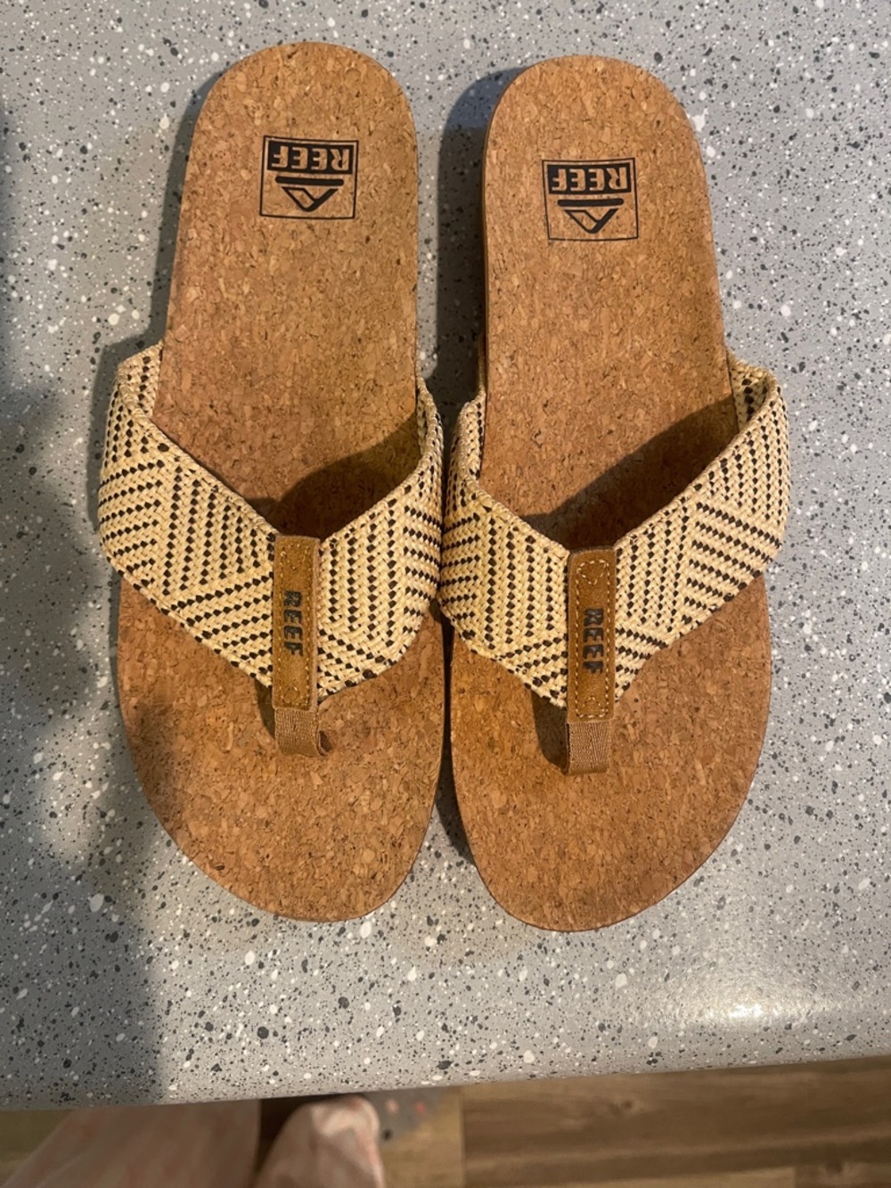 Reef Cork Footbed Flip Flops - Tan and Black Woven Straps